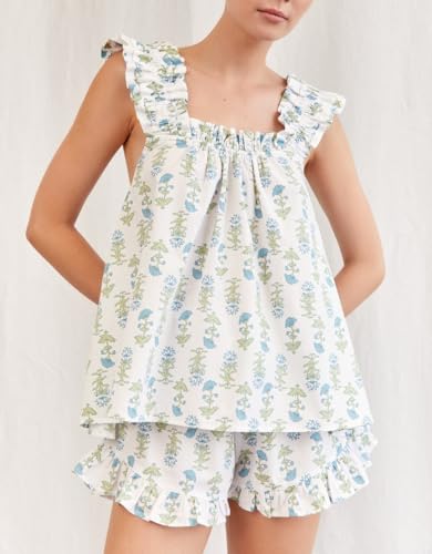 Image of ROAONOCOMO Women Floral Pajama Set Ruffle Babydoll Cami Top Coquette Pj Set Gingham 2 Piece Shorts Outfit Bridal Loungewear