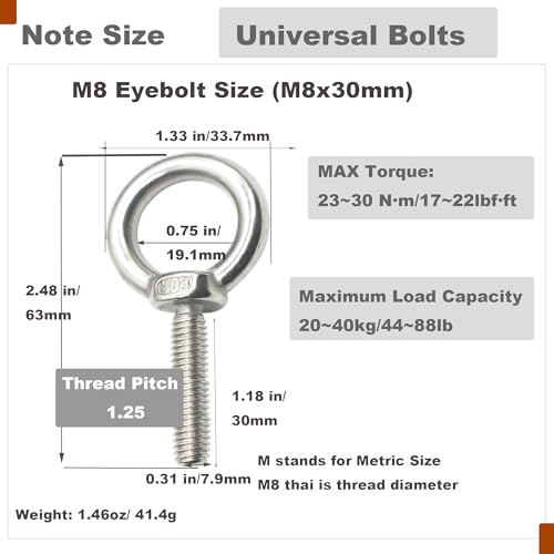 Image of Stainless M8 Eyebolt 1.2 inch(30mm) Short Bolt Eye Threaded Ring Lifting Shoulder Screw Hook with Nut Washer Locking as Anchor Point for Hanging, 6 PCS