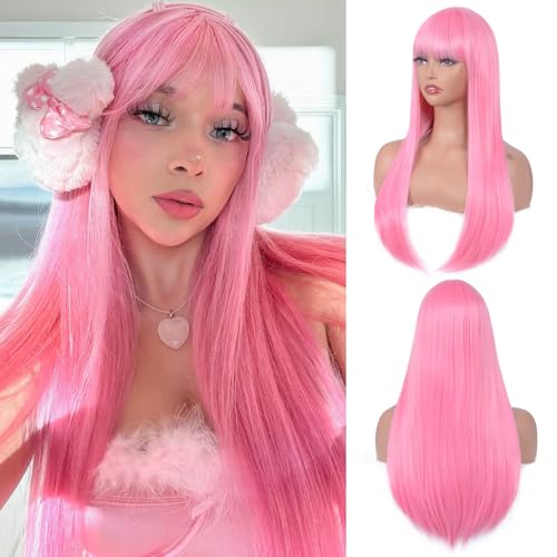 Long Pink Straight Wig with Bangs for Women Heat Resistant Synthetic Hair Wig for Girls Daily Use Party Halloween Cosplay 24inch (Pink