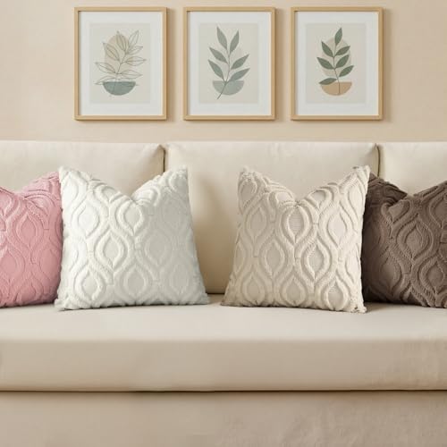 Image of decorUhome Fall Throw Pillow Covers 16x16 Inch Set of 2, Soft Plush Faux Wool Pink Solid Couch Pillow Covers, Accent Farmhouse Neutral Square Pillow Cases for Sofa Bed Living Room