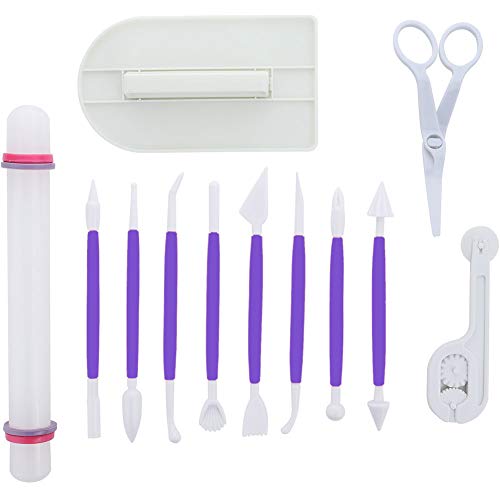 ScivoKaval Marshmallow Fondant Cake Decorating Hand Tool 12 Pcs 5 Sets Sugarcraft Gumpaste Icing Smoother Rolling Pin Trimmer Cutter Embosser Flower Scissor Modelling Accessories Supplies Kit Purple