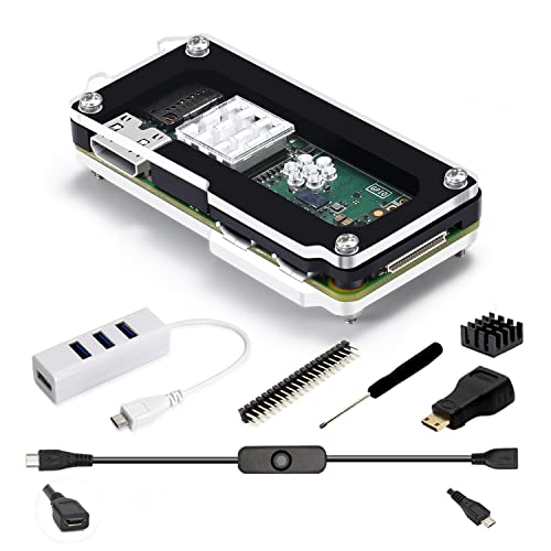 Raspberry Pi Zero 2 Case Kit, iUniker Pi Zero Case, Heatsink, OTG USB Hub, Hdmi Adapter, Pin Header, Power Switch for Raspberry Pi Zero W/Zero 1.3/Zero W 2 (Black) - Not for Zero with Header