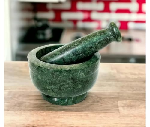 Image of Green Marble Mortar and Pestle Set for Kitchen & Ayurveda | Heavy Duty Hand Grinder for Spices, Herbs, and Pills | Traditional Stone Manual Masher | 4-Inch Mortar Crusher for Home Use