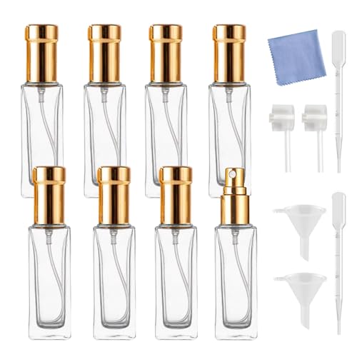 8PCS 10ml Perfume Spray Bottle, Mini Portable Travel Glass Square Spray Bottle, Small Fine Mist Sprayer, Refillable Atomizer, Sample Spray Bottle (Gold, 10ml)