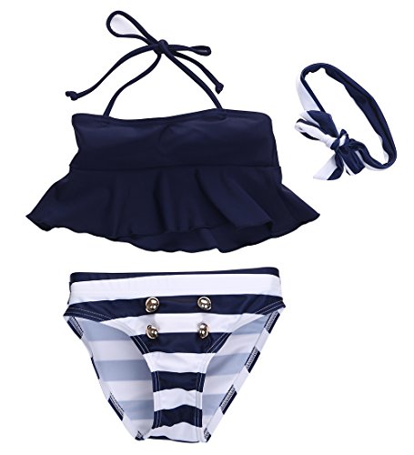 Wide.ling - Conjunto de 3 piezas de bikini para niña, a rayas, traje de baño y diadema Azul azul marino 2-3 Años