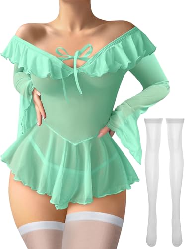 Image of Foxiny Sheer Ruffle Long Sleeve Babydoll Lingerie Dress | Off-shoulder neckline, flared cuffs and a flounce hem add movement; thong and thigh-high stockings complete the 3-piece set