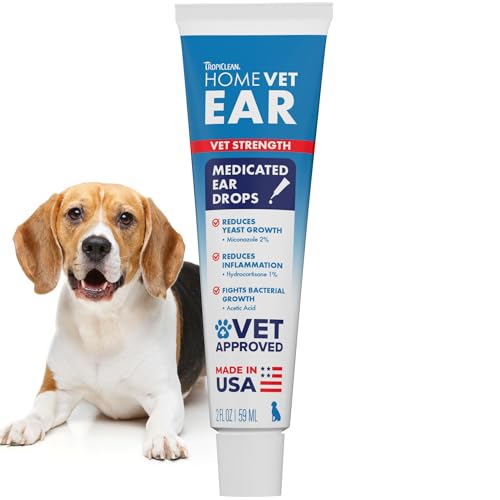 TropiClean HomeVet Medicated Dog Ear Drops, Vet Recommended Daily Dog Ear Cleaner, Fungal & Yeast Treatment, USA Made, 1 oz