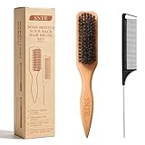 Peach Wood Boar Bristle Slick Back Hair Brush & Rat Tail Comb Set - Controls Frizz, Smooths Flyaways, Restores Shine - Creates Sleek Ponytails, Buns & Edge Control, Teasing for Women & Kids