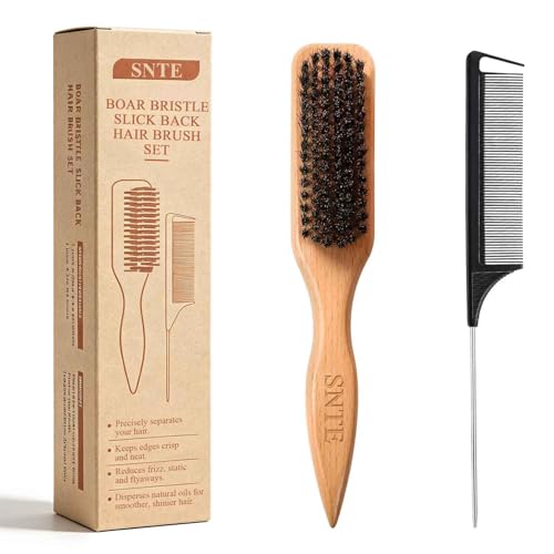 Peach Wood Boar Bristle Slick Back Hair Brush & Rat Tail Comb Set - Controls Frizz, Smooths...