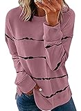 BLENCOT Womens Casual Tie Dye Printed Sweatshirt Striped Long Sleeve Crewneck Pullover Tops Shirts Pink L