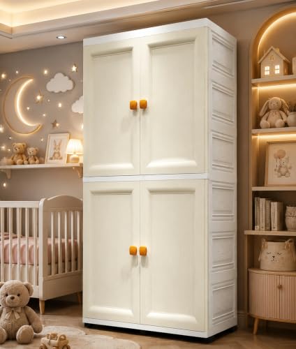 Image of Kids Plastic Wardrobe for Clothes Storage | Baby Cupboard & Almirah with Hanging Rod & Shelves | Portable Collapsible Storage Cabinet for Bedroom | Cartoon Kids Wardrobe