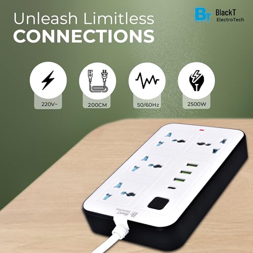Image of Blackt Electrotech (BTPS2) Extension Board with USB - 2500W 10A Power Extension Board with 20W PD Type-C, 4 Multi Plug Socket Extension Box with Switches & Surge Protection for Home & Office - White