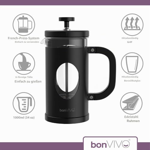 bonVIVO French Press Kaffeebereiter 1L - Schwarz, 8 Tassen – Ansicht 4