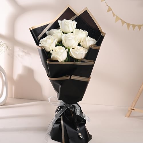 Image of FlowerAura Premium Fresh Live Flower Bouquet of 8 White Roses In Designer Paper Gift For Birthday | Anniversary | Love | Home Decor | Fathers Day Gift For Dad (Same Day Delivery)