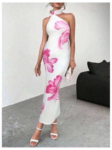 Image of Floerns Women's Halter Neck Sleeveless Backless Bodycon Dress Cocktail Party Maxi Dresses Pink Floral Small
