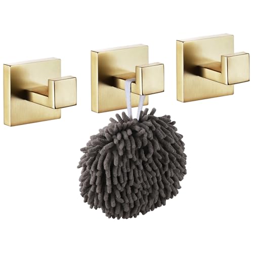 Image of KOKOSIRI Bath Robe Hook Wall Mount Square Towel Hook Coat Hook Bathroom Kitchen Garage Heavy Duty SUS 304 Stainless Steel 3 Pack Brushed Gold B1010BG-P3