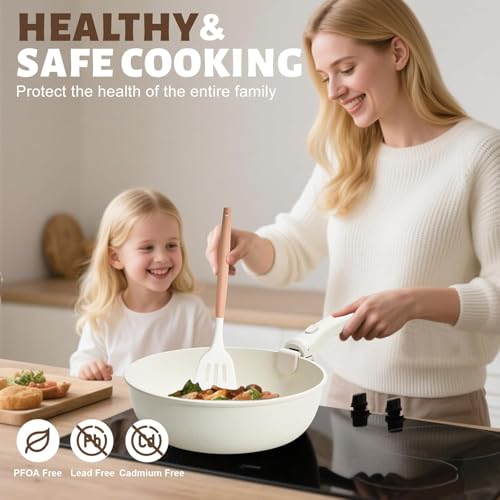 Image of 6 Pcs Pots and Pans Non Stick Cookware Combo Set Induction Ready, with Detachable Handle, Stackable Kitchen Cooking Set Removable Handles, Oven Safe, frypan Tea pan Utensils (Cream White)
