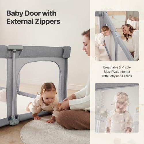 Image of Foldable Baby Playpen,Portable Indoor & Outdoor Playpen for Babies and Toddlers,59 inchx59 inchExtra Large Play Pen with Gate,Collapsible Baby Fence with Travel Bag(Cationic Light Grey)