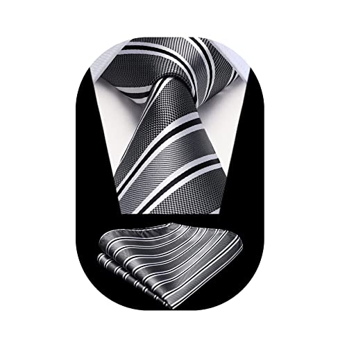 Image of HISDERN Stripe Tie Mens Ties with Pocket Square Set Classic 3.4'' Silk Formal Necktie Handkerchief for Business Wedding