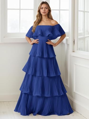 Chiffon Off Shoulder Bridesmaid Dresses 2025 Pleated Tiered Dress for Women Wedding Guest Prom Dress with Ruffle4