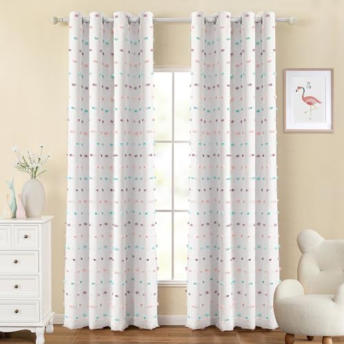 MYSKY HOME Kids Blackout Curtains for Boys Bedroom 84 Inch Long 100% Light Blocking Cute Curtains for Playing Room 2 Panels Grommet Nursery Drapes with Rainbow Pom Pom Sheer 2 Layered 52W x 84L