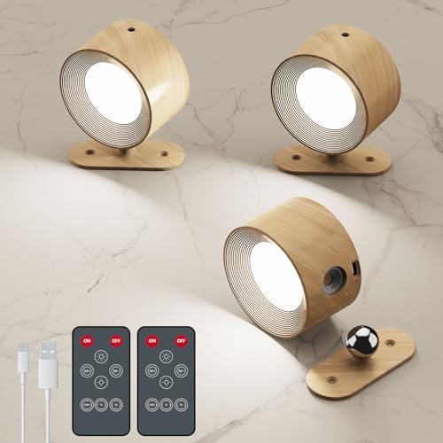 AKSDA 3Pack Battery Operated Wall Sconce 3 Color Modes 3 Brightness Levels 360Rotation Lighting Timer Touch & Remote Control Wall Mounted Lamp LED Wall Lights for Bedroom Reading Bedside (Wood)