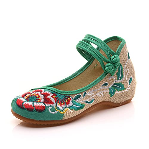 Hee grand Women Chinese Style Embroidered Flats Comfortable Slip on Shoes Mary Jane Shoes,Green