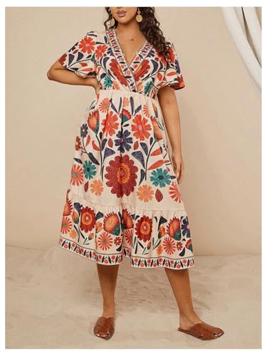 Image of Floerns Women's Plus Size Boho Hawaiian Tropical Dresses V Neck Short Sleeve Floral A Line Long Dress Vacation Beach Outfits