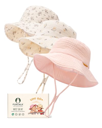 Image of FURTALK Baby Sun Hat Muslin Cotton Toddler Bucket Hat for Girls Boys Wide Brim UPF 50+ Summer Beach Hats
