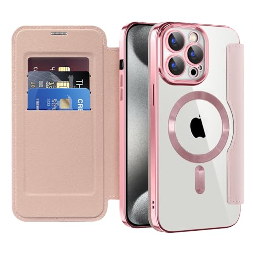 Coque iPhone 15 Pro Max portefeuille MagSafe rose à blocage RFID
