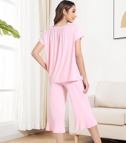 Image of NACHILA Pajamas for Women-Viscose Made from Bamboo,Short Sleeve Sleepwear Cooling Pjs Top with Capri Pants Pajama Sets