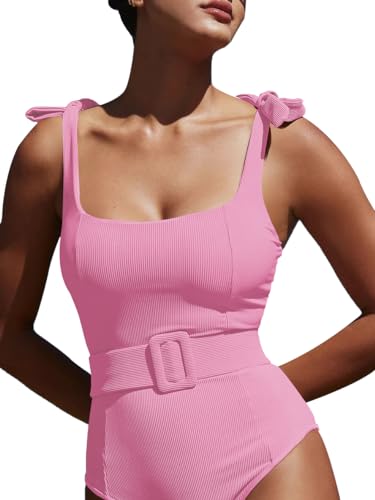 Saodimallsu Womens Sexy One Piece Bathing Suit High Cut Knit Square Neck Tied Strappy Swimsuit with Belt2