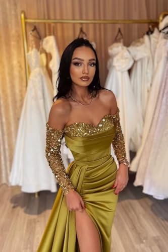 Off The Shoulder Sequin Long Sleeve Prom Dresses Long Satin Mermaid Evening Gown for Women Formal Dress with Slit3