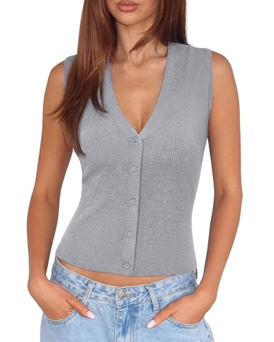 Image of SUUKSESS Women Sleeveless Sweater Tops Summer V Neck Button Down Vest Tops Business Casual Work Shirts
