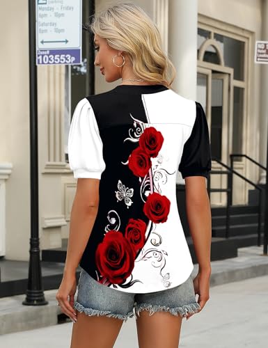 Image of IECCP Womens Tops Puff Short Sleeve Shirts Dressy Casual Henley V-Neck Summer Tops Pleated T-Shirts Loose Fit Tunic Blouses