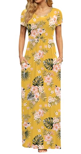 Image of DB MOON Womens 2024 Casual Summer Maxi Dresses Short Sleeve Empire Waist Spring Long Dress with Pockets(Yellow Floral, L), Large