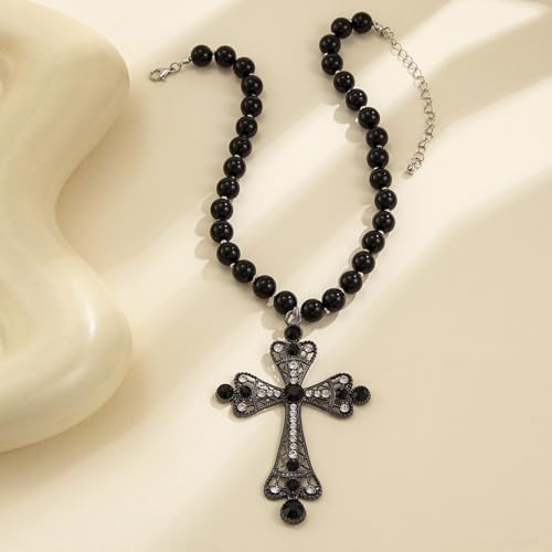 Gothic Necklace Pearl Cross Necklaces Chunky Big Cross Necklace Punk Pearl Pendants Necklaces Vintage Charm Goth Jewelry for Women4