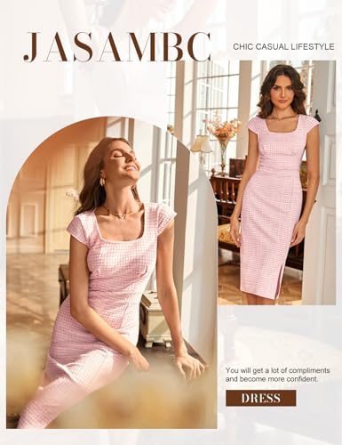 JASAMBAC Women's Vintage Midi Pencil Dress Tweed Cap Sleeve Sheath Dress Square Neck Work Dresses2