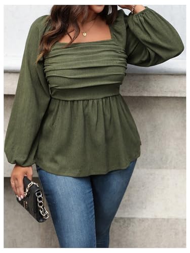 Floerns Women's Plus Size Square Neck Lantern Long Sleeve Ruffle Hem Peplum Blouse Top3