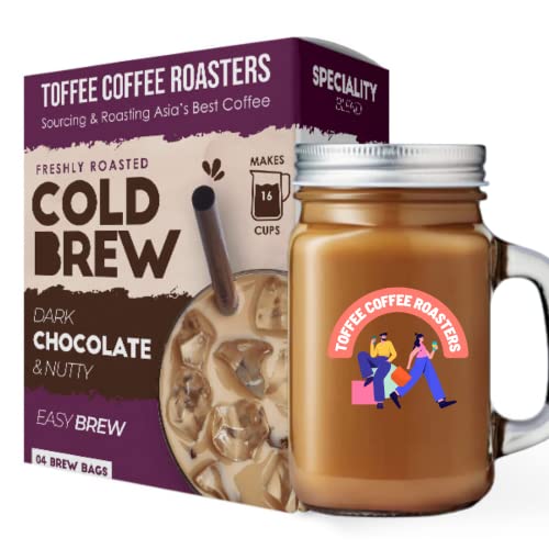 Image of Toffee Coffee Roasters | Cold Brew Dark Chocolate and Nutty Roasted Coffee Bags | Free Mason Jar, Easy Brew | Pack of 3 | 100% Arabica Ground | Makes 12 Cups