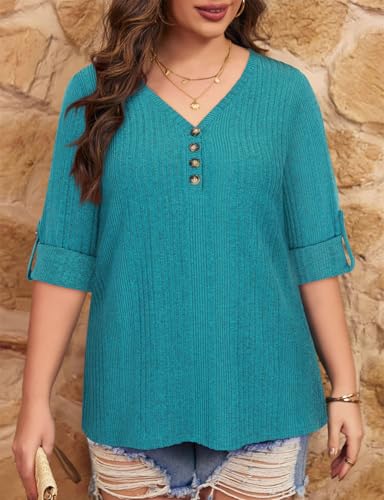 Image of Koscacy Women Plus Size V Neck 3 /4 Roll Sleeve Sweater Casual Knit Tops Solid Color Blouses
