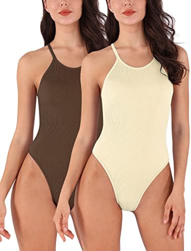 ODODOS 2 Pack Seamless Bodysuit for Women Ribbed Bodyshaper Sleeveless Tank Top Shapewear