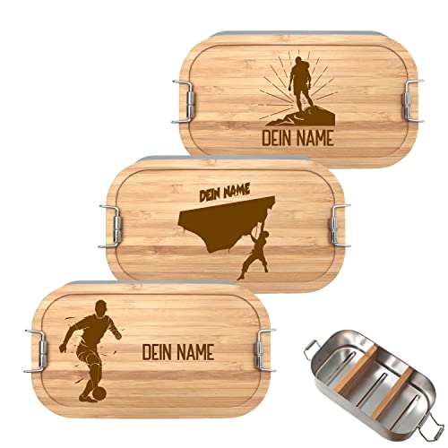 Generisch Brotdose mit Namen personalisiert 700ml, Lunchbox mit Sport Motiv und Namen aus Metall mit Bambusdeckel
