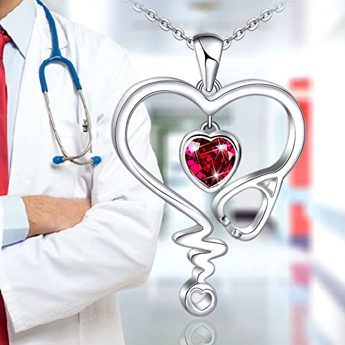Choker Nurse Necklace For Women 925 Sterling Silver Stethoscope Heartbeat Necklace Jewelry Gifts For Nurse Graduation Medical Student Doctor-Ruby #TOP4