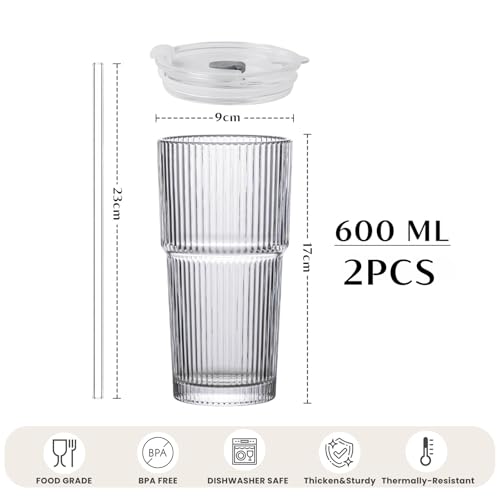 INSETLAN 2PCS 600ML Ribbed Glass Tumblers with Lids and Glass Straws, Leakproof Glass Cups, Coffee Glasses, Iced Coffee Cup - Image 2