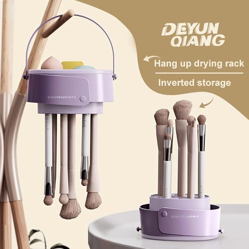 Image of Foldable silicone makeup brush cleaning bowl, makeup tool cleaning bowl, makeup brush cleaning tool storage and Makeup cotton drying rack(purple) (khaki)
