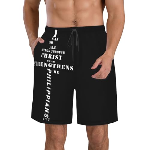 Men's Swim Trunks I Can Do All Things Through Christ Who Strengthens Me Cross Beach Shorts Drawstring Lightweight Gym Running Shorts Gym Casual Loose Summer Shorts with Pocket