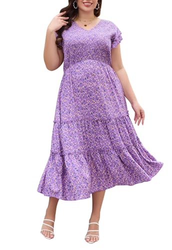 Image of Keluummi Plus Size Wedding Guest Midi Dress for Curvy Women, Summer Casual Boho Floral Empire Waist Party Dress with Pockets