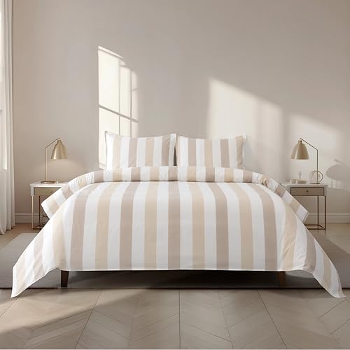 Casa da Laura - Funda Nórdica Rayas Anchas Marrón Claro - 100% Algodón - Cama 135/150 cm (240 x 220 cm 2 Cojines 50 x 70 cm) - - Rayas - Fabricado Portugal
