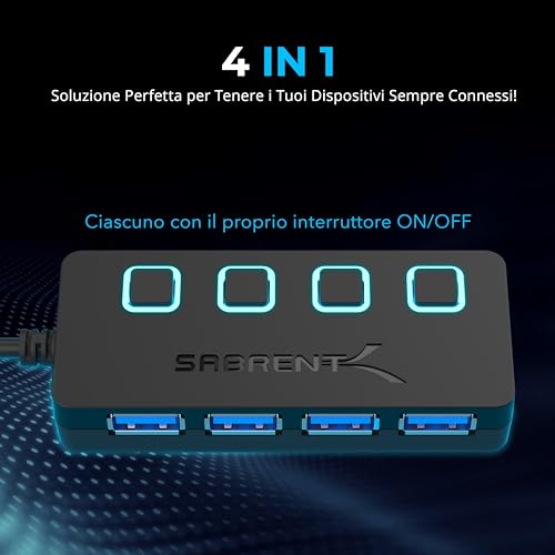 Hub USB 3.2 Gen 1 [4 porte], Ciabatta Multipresa USB, Sdoppiatore USB, Singoli Interruttori ON/OFF e Spie LED con Alimentatore, per PS4/PS5, PC, Laptop, Chiavetta USB (HB-UMP3) - Hub USB - Immagine 5